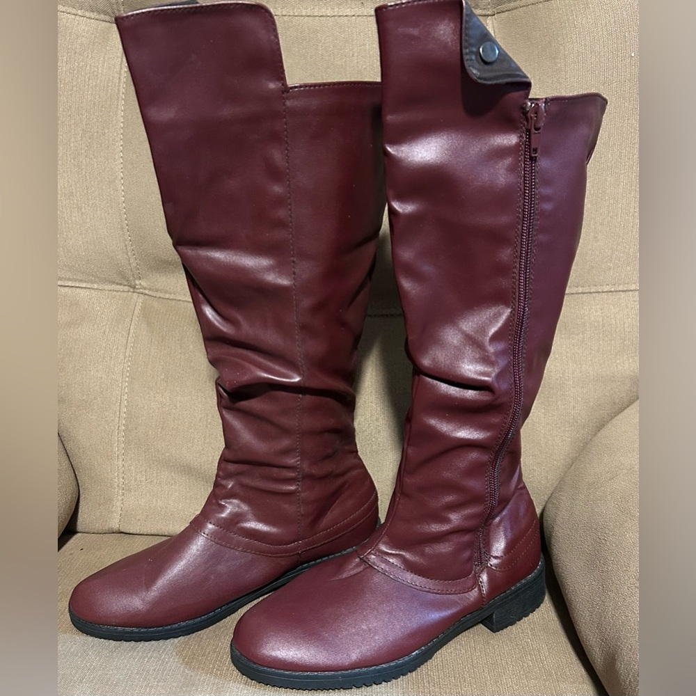 Women’s Maroon Calf High Zippered Round Toe Boots Block Heel Size 37 US 6.5